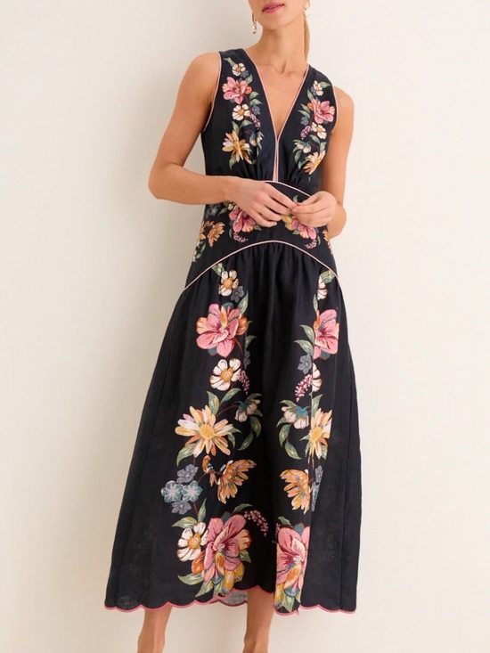 FARM Rio Dresses & Skirts - Farm Rio Dark Blue Maira Floral Premium Linen Scalloped Hem Midi Dress  XL